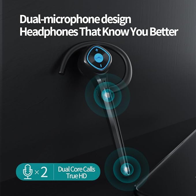 IHAO Wireless Bluetooth Earpiece Headphone Dual Noise Cancelling Mic Painless Open-Ear Handsfree Headset Stereo Sound Left/Right Changeable Earhook Earphones for Driving/Business/Gym