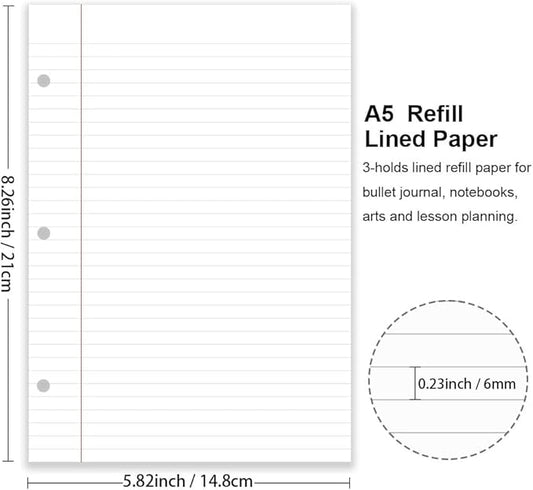 (5-Pack) A5 Filler Paper, 3 Hole Planner Refills, Organizer, Loose-leaf Binder Paper, Total 500 Sheets/1000 Pages, Lined, 100gsm, White, 5.8 x 8.2 Inch, 3 Hole Filler Paper, Mini Binder Refill Inserts