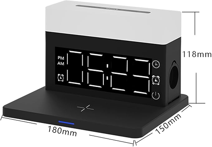 IHAO 6in1 Smart Alarm Clock with Wireless Charger RGB Mood Light 15W Fast Wireless Charging for All Qi Phone TWS Headphone Compliant with i-Watch 7 Color Night Light Large Digital Display-Black