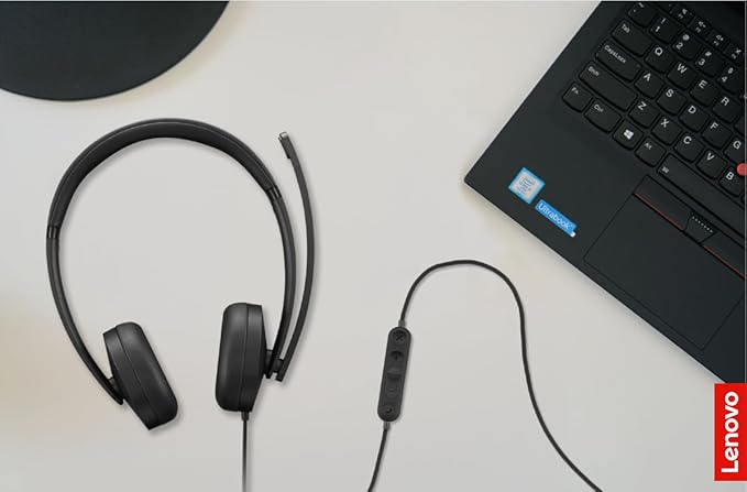 Lenovo 115 USB-A/USB-C Wired Stereo Headset – Lightweight, Noise-Cancelling, in-Line Control Box, USB-A to USB-C Adapter, Over-Ear Design, Headset with Mic for PC and Laptop, Black