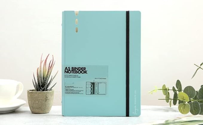 CAGIE A5 Binder 6 Ring Notebook with Dividers Refillable Planner Binder with Pockets, Refill Paper Include Planning Square Ruled and Dotted Pages, 6.89 x 9.25 In, (Blue, A5 Daily&Dot Page)