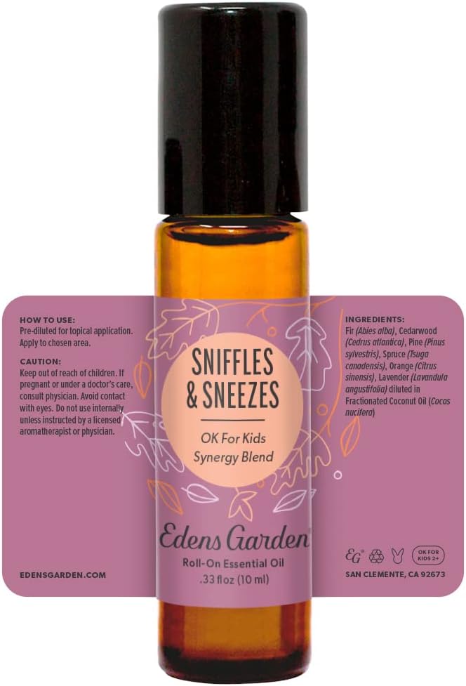Edens Garden Sniffles & Sneezes Essential Oil Roll-On Blend- 100% Pure Premium Grade, Natural, Therapeutic, Aromatherapy, Kid & Skin Safe, The Best for Health, Wellness Pre-Diluted 10 ml (.33 fl oz)