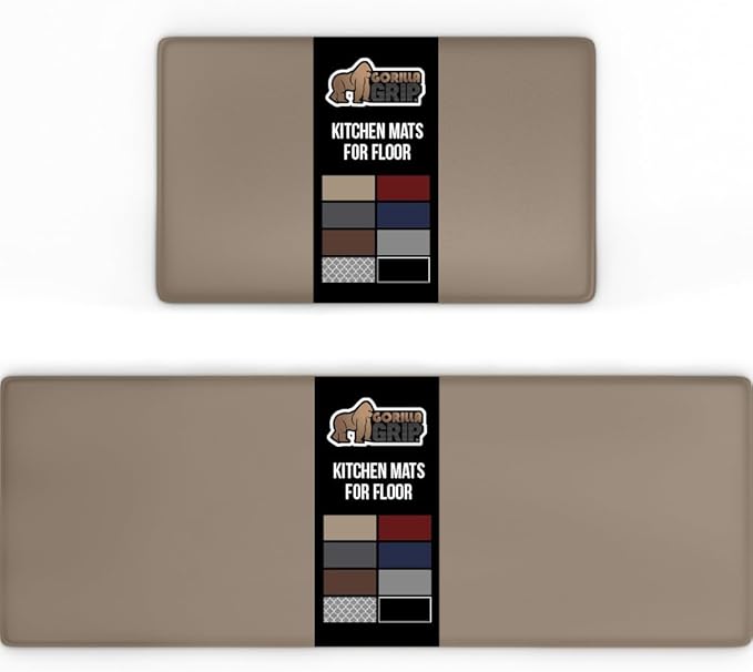 GORILLA GRIP 2 Pack Comfortable Cushioned Kitchen Mats for Floor, 17x29 + 17x59, Waterproof and Stain Resistant, 1/2 Inch Thick Soft Ergonomic Standing Desk Anti Fatigue Mat, Foam Supports Feet, Beige