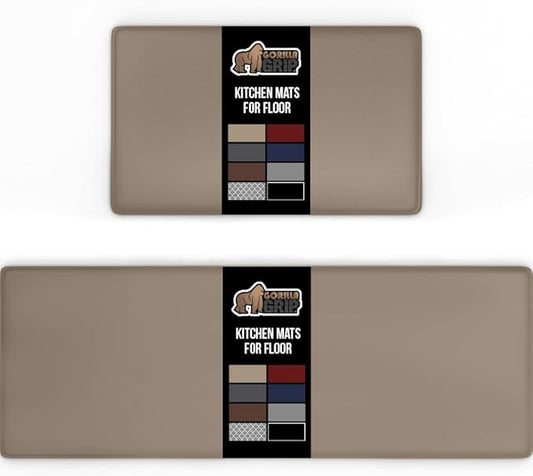 GORILLA GRIP 2 Pack Comfortable Cushioned Kitchen Mats for Floor, 17x29 + 17x59, Waterproof and Stain Resistant, 1/2 Inch Thick Soft Ergonomic Standing Desk Anti Fatigue Mat, Foam Supports Feet, Beige