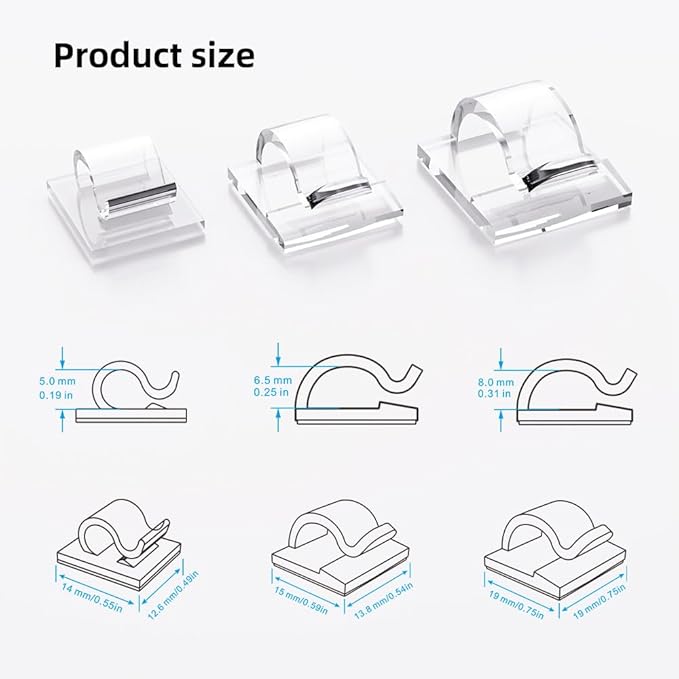 100 PCS Cable Clips Cord Organizer (Small, Medium,Large),Wire Holder for Cable Management, Outdoor Light Clips Light Hooks for LED String,Car Dash Cam, Extension Cord (Clear)