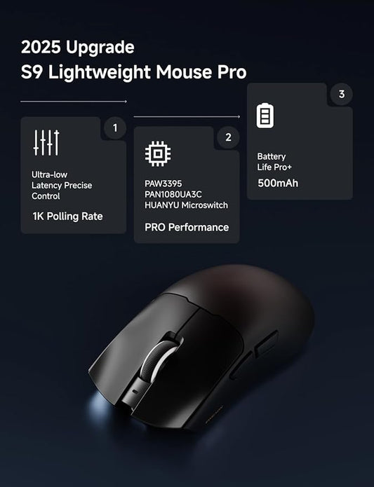 S9 Wireless Gaming Mouse, 59G Ergonomic Computer Mouse, Triple Modes, 8K Polling, 26K DPI, PAW3395 Optical Sensor, Huanyu Switch, 250h Battery Life, Programmable for PC/Win/Mac(Black)