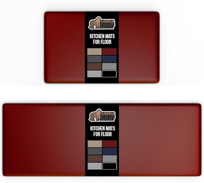 GORILLA GRIP 2 Pack Comfortable Cushioned Kitchen Mats for Floor, 17x29 + 17x59, Waterproof and Stain Resistant, 1/2 Inch Thick Ergonomic Standing Desk Anti Fatigue Mat, Foam Supports Feet, Red