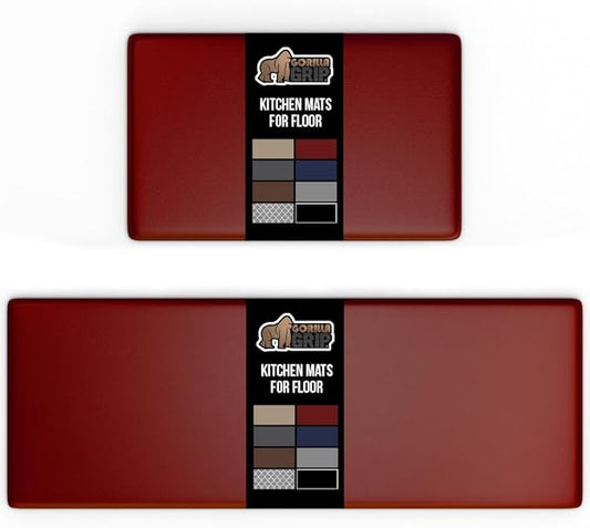 GORILLA GRIP 2 Pack Comfortable Cushioned Kitchen Mats for Floor, 17x29 + 17x59, Waterproof and Stain Resistant, 1/2 Inch Thick Ergonomic Standing Desk Anti Fatigue Mat, Foam Supports Feet, Red