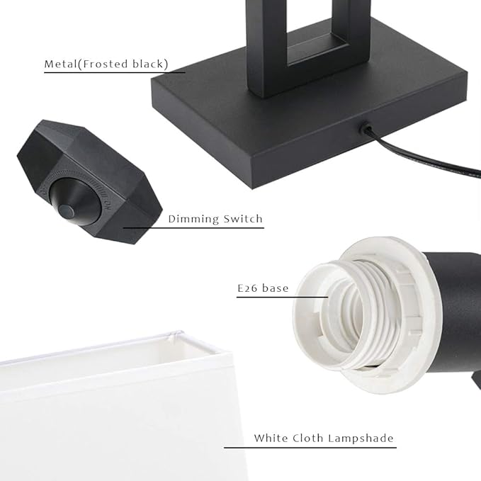 Yosoan White Indoor Table Lamp Bedside Nightstand Desk Lamp, Dimmable On Off Switch Black 65.8" Power Cord Cutout Rectangular White Fabric Shade for Bedroom Hotel Study