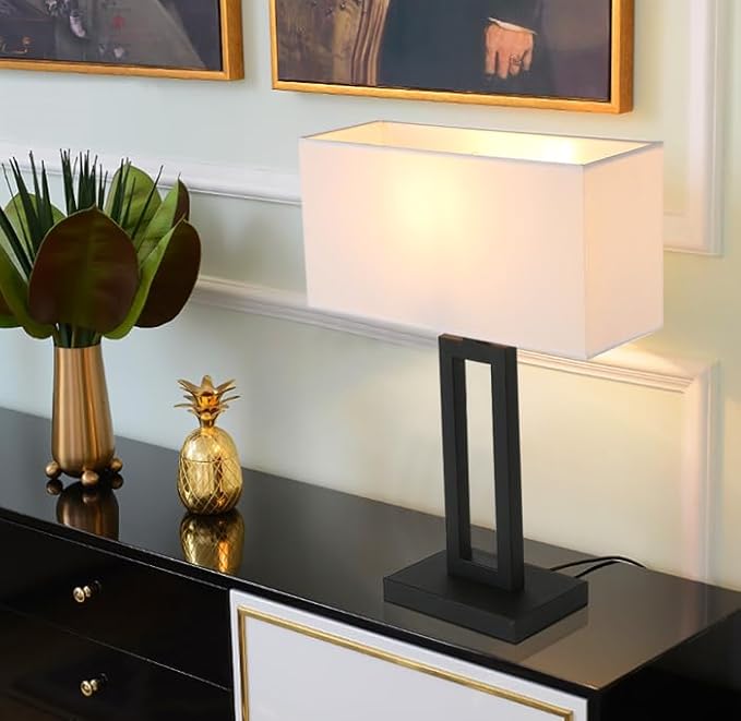 Yosoan White Indoor Table Lamp Bedside Nightstand Desk Lamp, Dimmable On Off Switch Black 65.8" Power Cord Cutout Rectangular White Fabric Shade for Bedroom Hotel Study