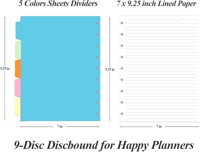9 Disc Lined Paper Refills for Happy Planners - 100 Sheets/200 Pages Classic Size Lined Paper with 5 Sheets Dividers, 7" x 9.25"