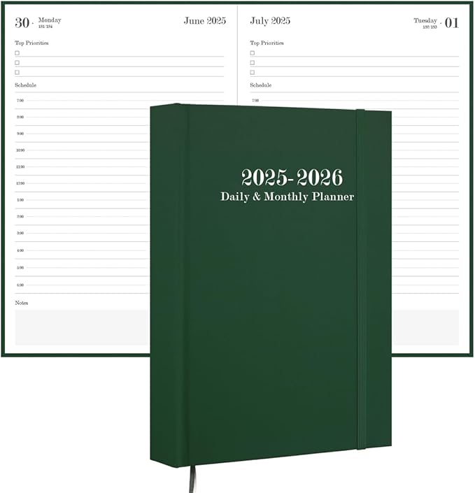 2025-2026 Daily & Monthly Planner - 2025 2026 Academic Year Planner One Page Per Day from July 2025 to June 2026, Hourly Appointment Book Perfect Organizer Daily Life, Fabric Cover, 5.8'' x 8.3'', Green