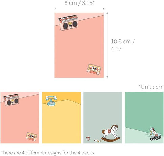 Monolike Memopad Memories design A SET - 4 Packs, 4 Different Designs, 100 Sheets Per Pad, Total 400 Sheets, Note pads, Writing pads, 3.15 x 4.17 Inches