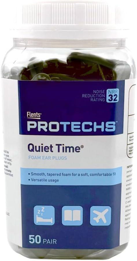 Flents Protechs Foam Ear Plugs for Sleeping, Snoring, Traveling, Concerts, Construction & Studying, Ultra Soft & Comfortable, Black, 50 Pairs, NRR 32 Hearing Protection for Loud Noise