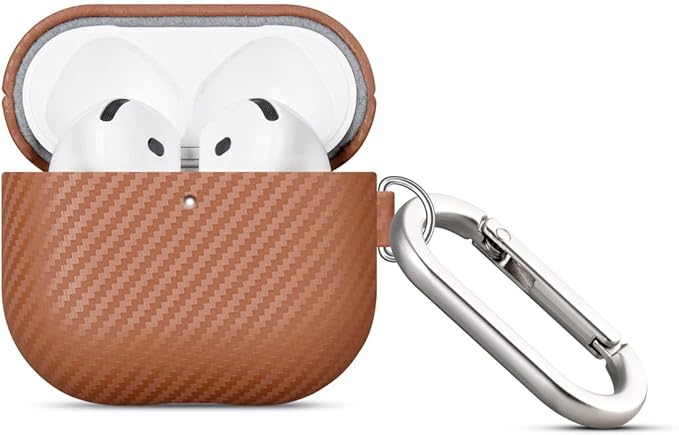 Leather Case for AirPods 4 / AirPods 4 with Active Noise Cancellation Case Cover with Keychain - Selected Skin-Friendly Leather, Carbon Fibre Texture, Handmade Shockproof Hard Cover - Brown