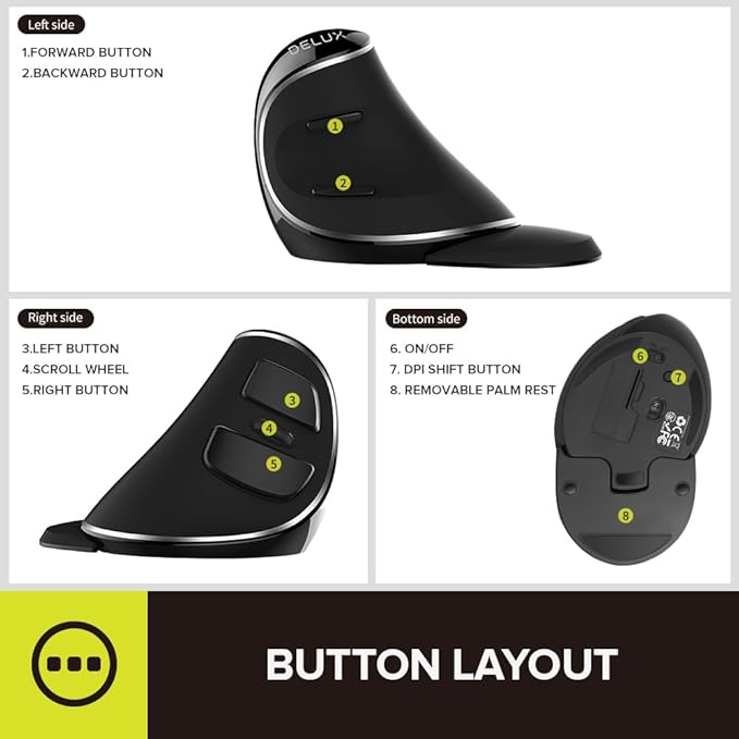 Delux Wireless Ergonomic Vertical Mouse - 2.4G with USB Receiver, Silent Clicks, 1600 DPI, 6 Buttons, Removable Wrist Rest, for Laptop PC (M618Plus Wireless-Black)