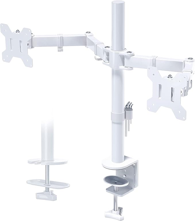 BONTEC Dual Monitor Desk Mount, Full Motion Adjustable White Monitor Stand for 13–27 Inch Screens, Heavy Duty Arms Hold 22 lbs Each, VESA 75x75/100x100, C Clamp and Grommet Base, Cable Management
