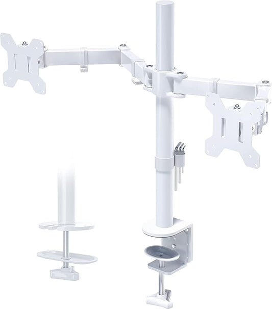 BONTEC Dual Monitor Desk Mount, Full Motion Adjustable White Monitor Stand for 13–27 Inch Screens, Heavy Duty Arms Hold 22 lbs Each, VESA 75x75/100x100, C Clamp and Grommet Base, Cable Management