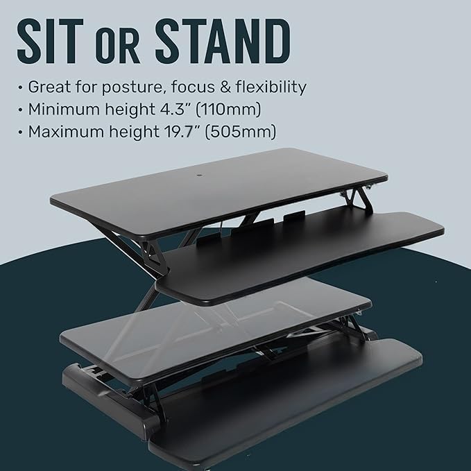 TechOrbits Standing Desk Converter - 42 Inch Adjustable Sit to Stand Up Desk Workstation, MDF Wood, Ergonomic Desk Riser with Keyboard Tray, Desktop Riser for Home Office Computer Laptop, Black 42"