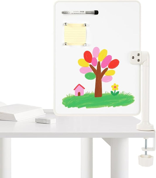 360° Rotating Desktop Dry Erase Whiteboard with Stand, 16" x 12" Double-Sided Magnetic Board with Clamp Holder Mount for Desk Up to 2.17" for Drawing, Office, Home, School (White)