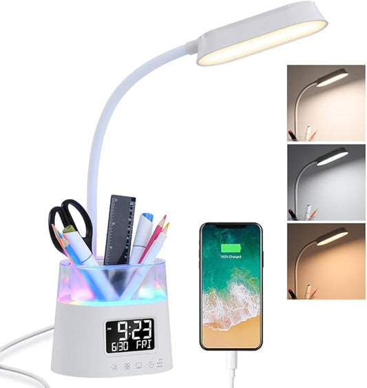 WILIT LED Desk Lamps for Home Office with Pen Holder, Table Lamp for Bedroom with USB Charging Port & Clock, RGB Night Light, Study Lamp for Kids Student, Desk Lamp for College Dorm Room Essentials