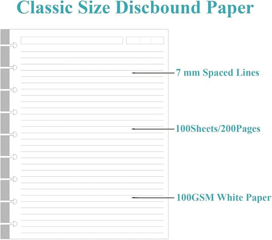 ZGMJ Classic Size Discbound Lined Refill Paper, 9-Disc Discbound Pre-punched Happy Planner Inserts, 100Sheets/200Pages Loose-Leaf Paper, 100gsm White Paper, 7x9.25 in