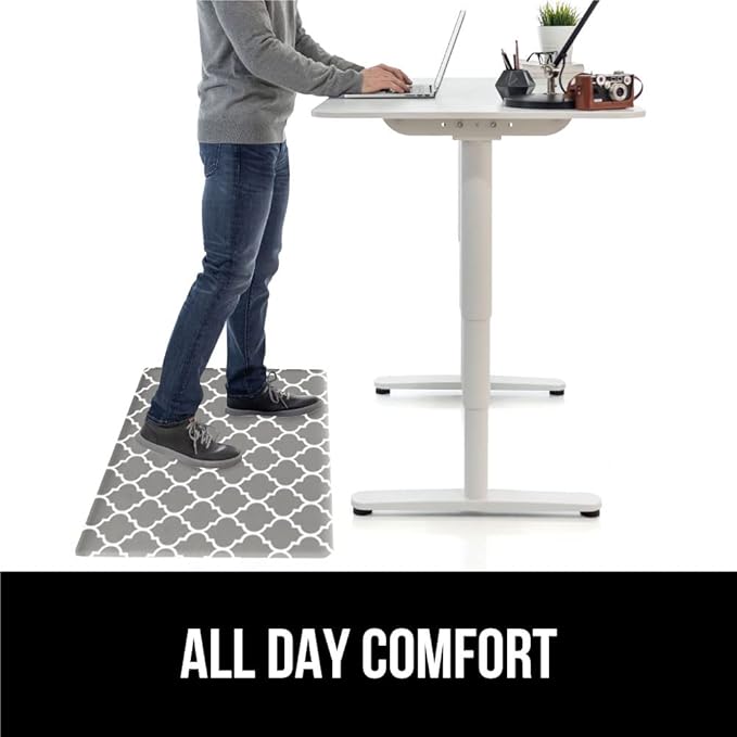 GORILLA GRIP 2 Pack Comfortable Cushioned Kitchen Mats for Floor, 17x29 + 17x59, Waterproof, Stain Resistant, 1/2 Inch Thick Ergonomic Standing Desk Anti Fatigue Mat, Foam Supports Feet, Grey White