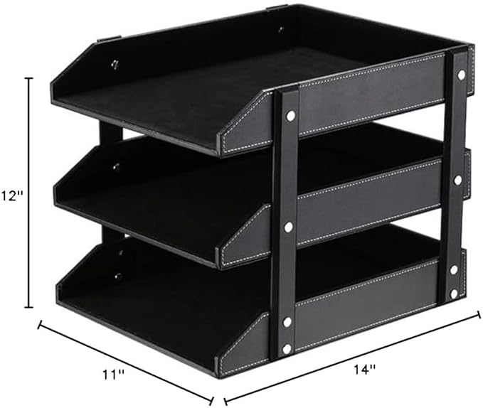 Leather Desk Organizer, NIFIVE Stackable Document Tray, Perfect Desktop Organization Holder for Files, Folder, Stationery, Magazine, Newspaper, Mail, Office Supplies (Black 3-Tier)