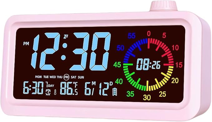 Digital Alarm Clock Night Light Visual Timer, LCD Time Reminder with 3 Alarms, Snooze,Temperature Display, Ideal for Family Education Teaching and Time Management Gifts for Kids (Color Pink)