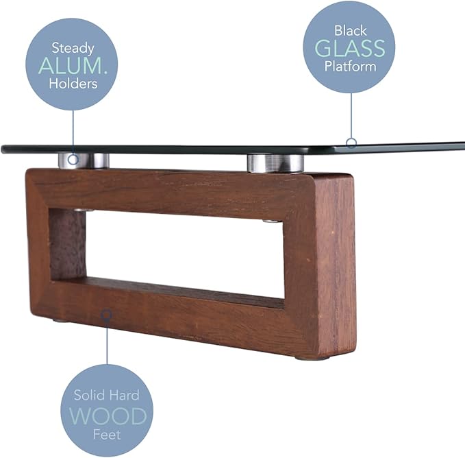 YEOUX Black Glass Computer Monitor Stand Riser with Wooden Base for Flat Screen LCD, LED TV, Laptop, Printer, Multi Media Desktop Stand, Office Supplies Desk Organization