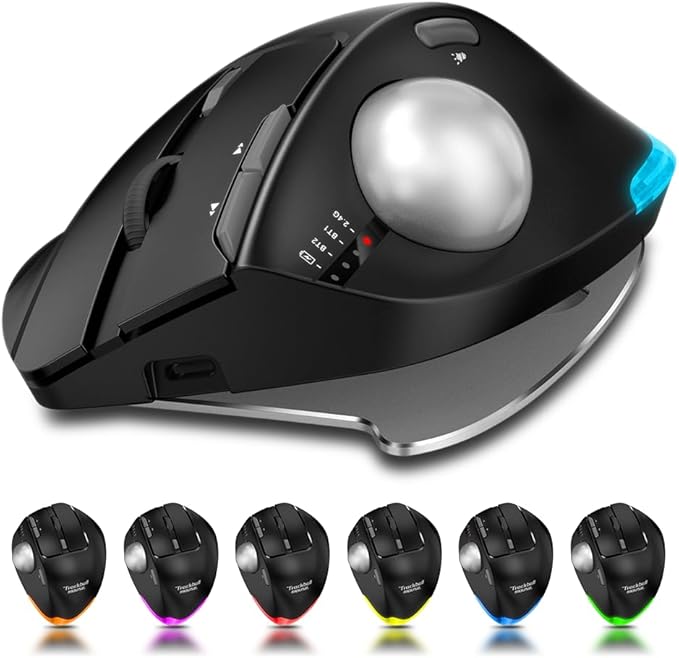 zelotes Wireless Trackball Mouse,Bluetooth Mouse,Rechargeable,4800 DPI, 2-in-1(BT 5.0/3.0+2.4GHz USB Receiver), 8 Buttons,Ergonomic Design,LED Lighting,for Laptop, PC, Pad,Black