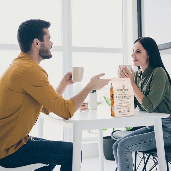 Lifeboost French Vanilla Cognition Mushroom Coffee - Low Acid Medium Organic Coffee with Nootropic Lions Mane & Chaga Mushrooms - Increase Energy, Boost Focus & Immune Support - 12 oz Bag - Ground