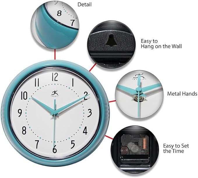 Infinity Instruments LTD. Retro 9 inch Silent Sweep Non-Ticking Mid Century Modern Kitchen Diner Wall Clock Quartz Movement Retro Wall Clock Decorative (Turquoise)…