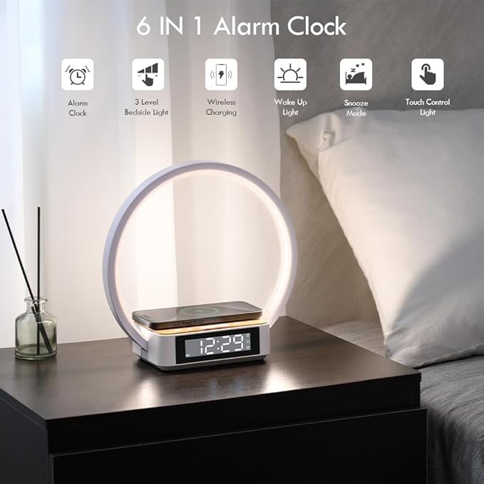 Alarm Clock,Table Lamp with Wireless Charging,Touch Bedside Lamp with 3 Brightness Levels,Snooze,Sunrize Wake-Up Light,Idea Gifts for Women,Men,Teens,Adults