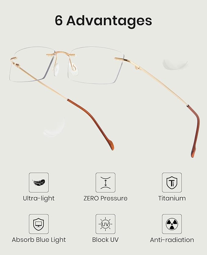 Cyxus Titanium Blue Light Glasses for Men Blue Light Blocking Eyewear Ultra Light Anti Eye Strain Rimless Eyeglasses Reduce Headache