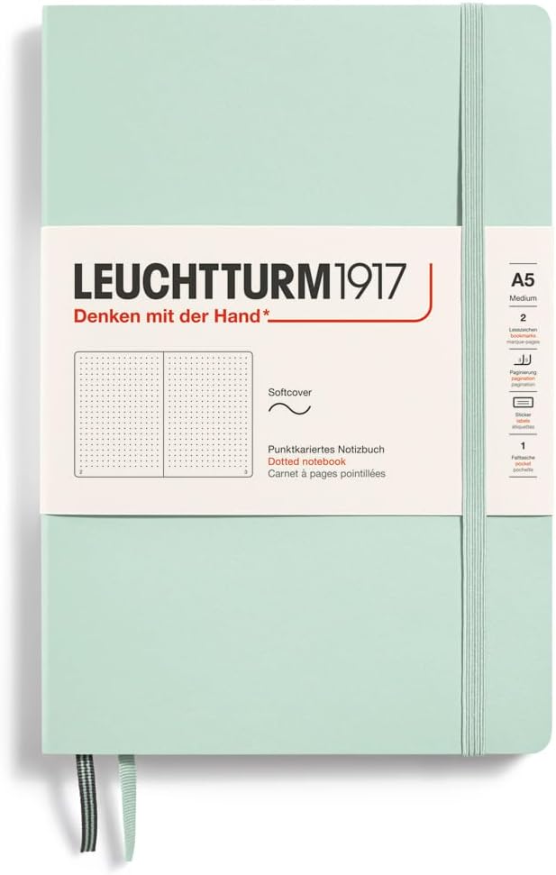 LEUCHTTURM1917 - Notebook Softcover Medium A5-123 Numbered Pages for Writing and Journaling (Mint Green, Dotted)