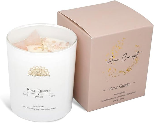 ava concept - Crystal Candle Rose - Quartz French Vanilla Scented - Soy Candles - Home Decor Aromatherapy - Glass Jar Birthday, Wedding Gift Set for Women 10 oz
