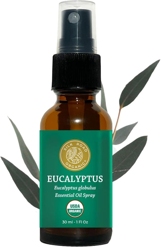 Silk Road Organic Eucalyptus Essential Oil Spray, 100% Pure USDA Certified Aromatherapy - Congestion, Colds, Cough, Sinus, Allergies & Skin Care – 1 Oz Spray