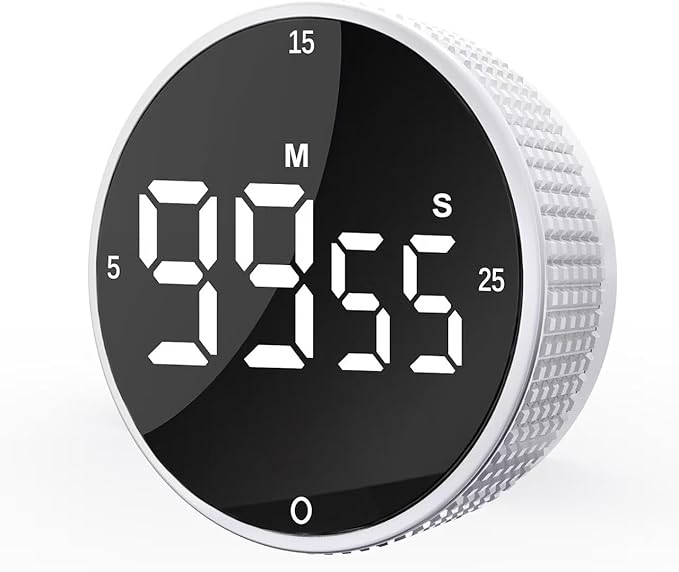 Upgrade Digital Kitchen Timer - Magnetic Countdown Countup Visual Pomodoro Timer with Large LED Display, 3-Preset Times (5, 15, 25), 3 Volume Levels, Ideal for Cooking, Baking and Fitness (1, White)