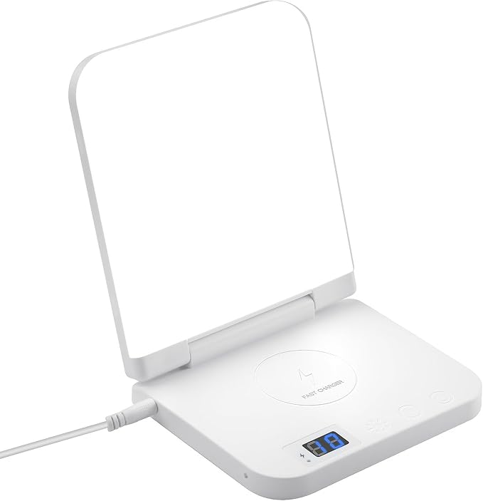 Light Therapy Lamp with Wireless Phone Charger Pad, 2 in 1, 10,000 Lux Bright White UV-Free LED, Anti-Glare, 5 Adjustable Brightness, Sunlight Lamp with Timer, Energy Booster