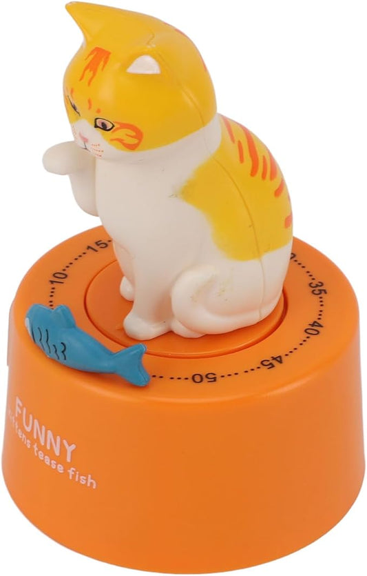 Mechanical Countdown Timer, 60 Minutes Mechanical Kitchen Timer Eco Friendly Loud Alarm Magnetic Base Cute Animal Shape for Kitchen (Kitten with Orange Base)
