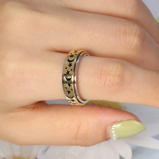 OreilleStar Anxiety Ring for Women Fidget Ring Spinner Thumb Ring Stainless Steel Gold Band Moon Star Fidget Rings for Women and Men