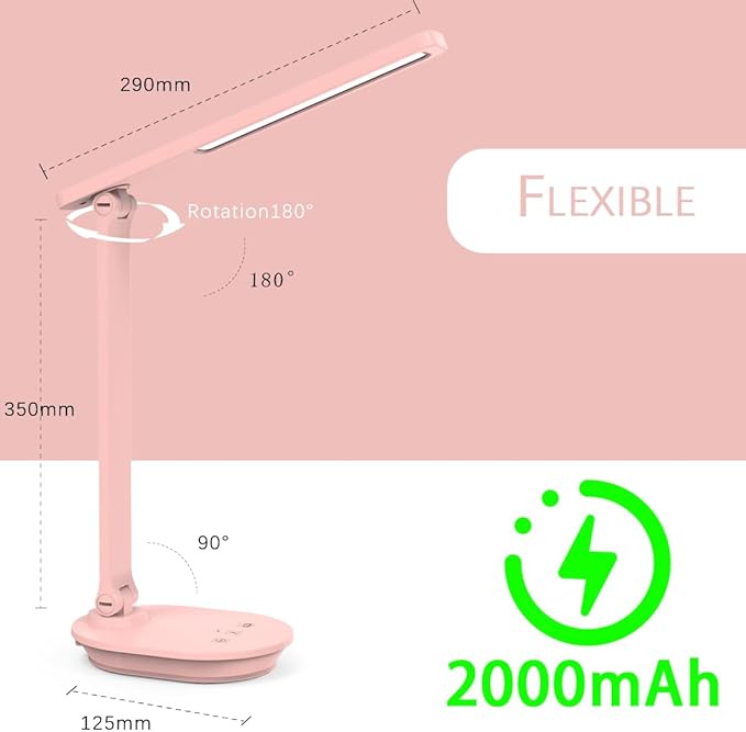 Pink Desk Lamp College Dorm Essentials for Girls, 3 Color Dimmable Reading Lamp, Cordless Rechargeable Battery Operated, USB Powered, Cute LED Desk Lamps for Home Office, Bedrooms, Study