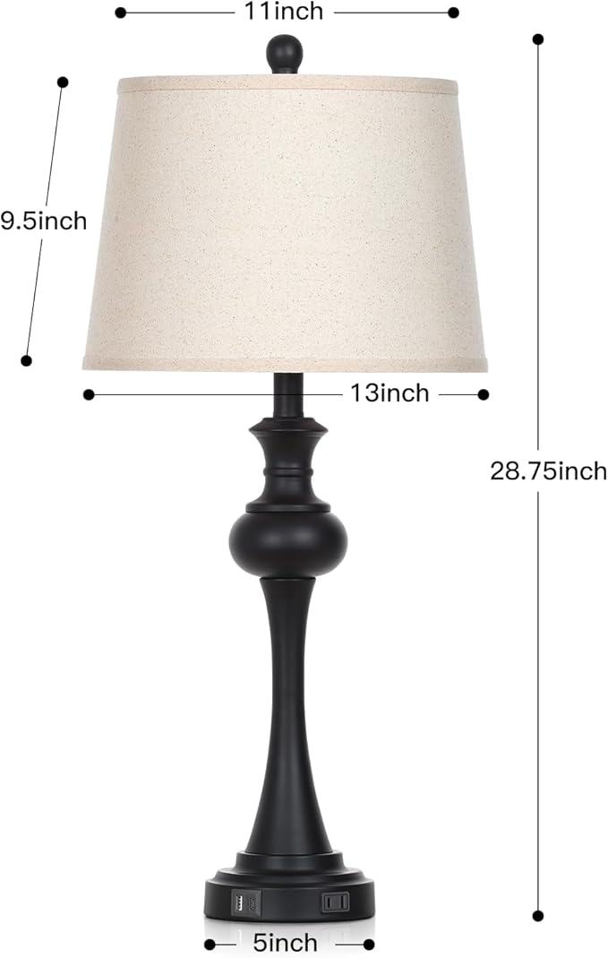 28.75" Black Table Lamps Modern 3-Way Dimmable Bedside Lamp with USB A+C Ports & AC Outlets for Living Room Bedroom Nightstand Lamp,Beige Fabric Shade Mid Century Accent Style