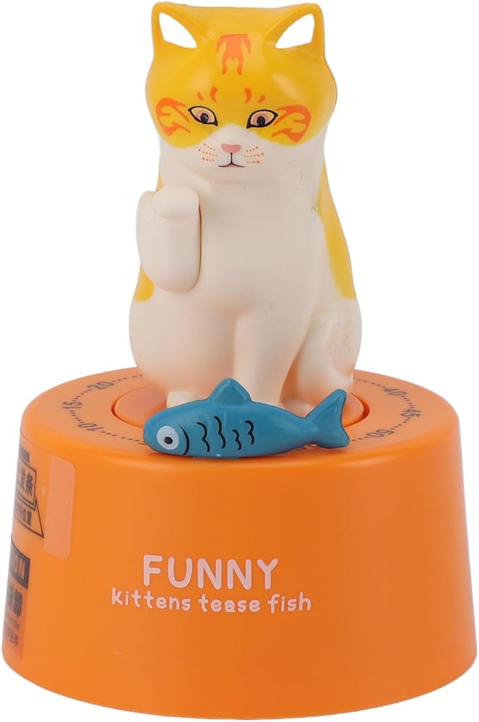 Mechanical Countdown Timer, 60 Minutes Mechanical Kitchen Timer Eco Friendly Loud Alarm Magnetic Base Cute Animal Shape for Kitchen (Kitten with Orange Base)