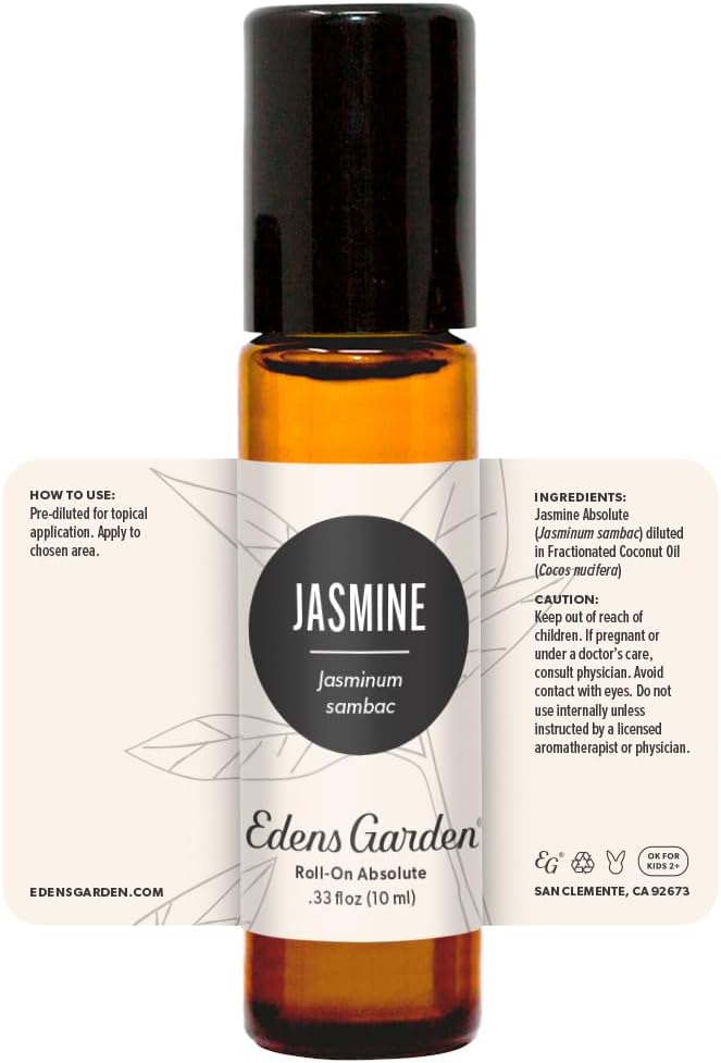 Edens Garden Jasmine- Sambac Absolute Essential Oil Roll-On- 100% Pure Premium Grade, Natural, Therapeutic, Aromatherapy, Kid & Skin Safe, The Best for Body, Health Pre-Diluted 10 ml (.33 fl oz)