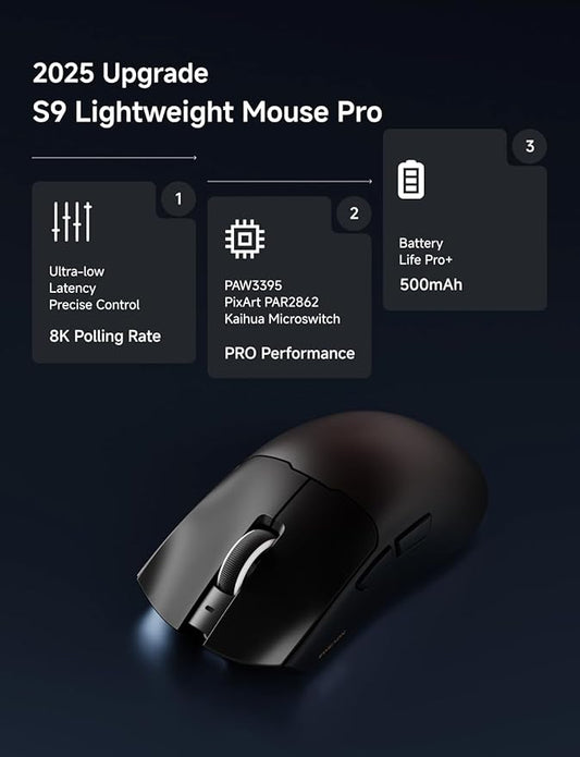 S9 Pro Wireless Gaming Mouse, 59G Ergonomic Computer Mouse, Triple Modes, 8K Polling, 26K DPI, PAW3395 Optical Sensor, Kailh Switch, 250h Battery Life, Programmable for PC/Win/Mac(Black)