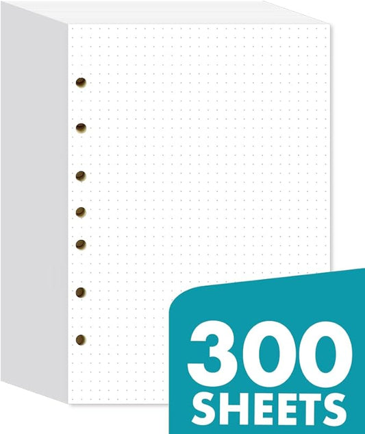 Dotted Filler Paper Pack of 300 Sheets, 7 Hole Punched Planner Refills 5 1/2 x 8 1/2 Inches, Fit 3 or 7 Ring Mini Binders