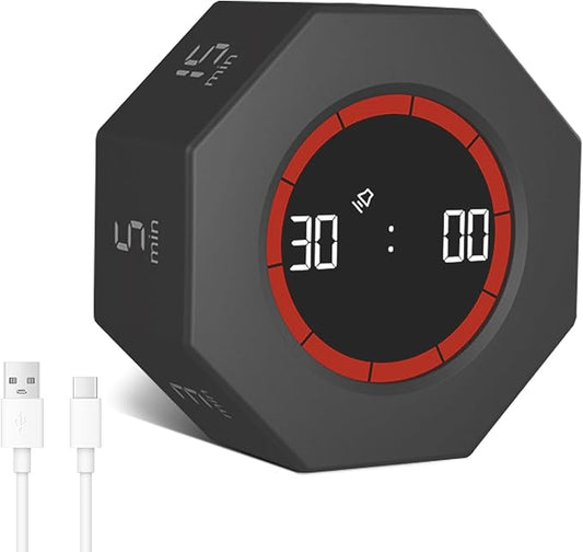 Octagon Digital Productivity Timer, Rotating Pomodoro Timer with Gravireceptor 1-3-5-15-30-60-90 Min Countdown, Mute&Adjustable Volume Countup/Down Timer for Study Office Kitchen Desk, Black
