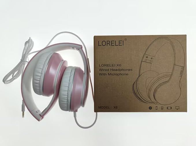 LORELEI X6 Over-Ear Headphones with Microphone, Lightweight Foldable & Portable Stereo Bass Headphones with 1.45M No-Tangle, Wired Headphones for Smartphone Tablet MP3 / 4 (Pearl Pink)